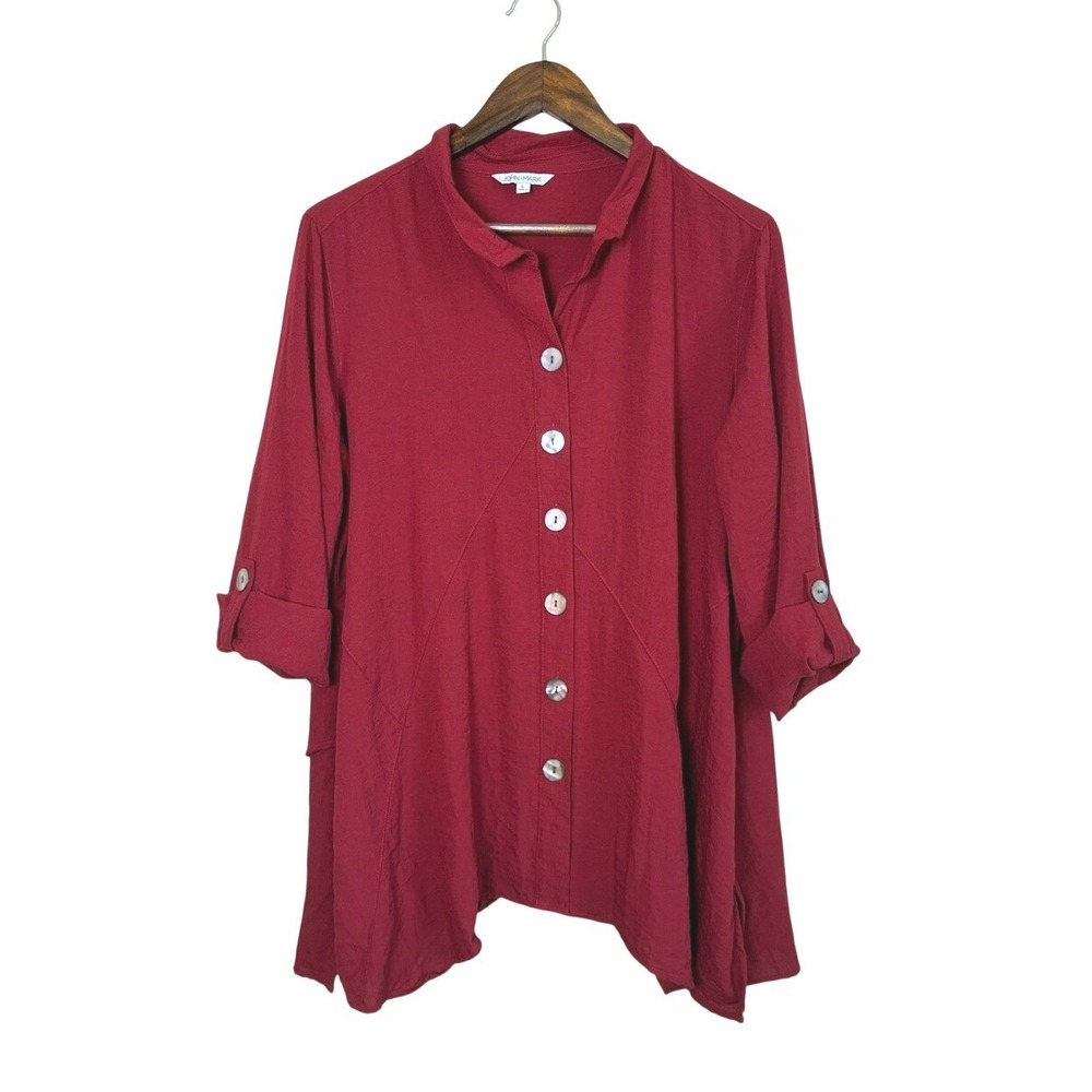 JOHN MARK Large Brick Red Button Up Roll Tab Sleeves Artsy Lagenlook Tunic Top